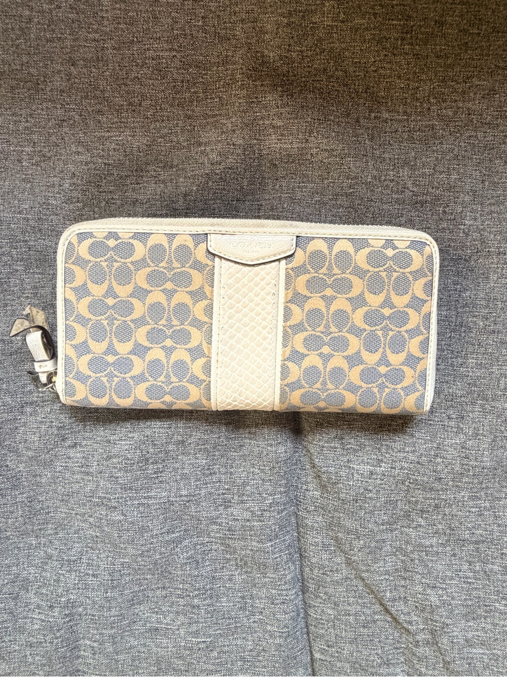 Coach Monogram Zip Wallet in Beige and Light Blue